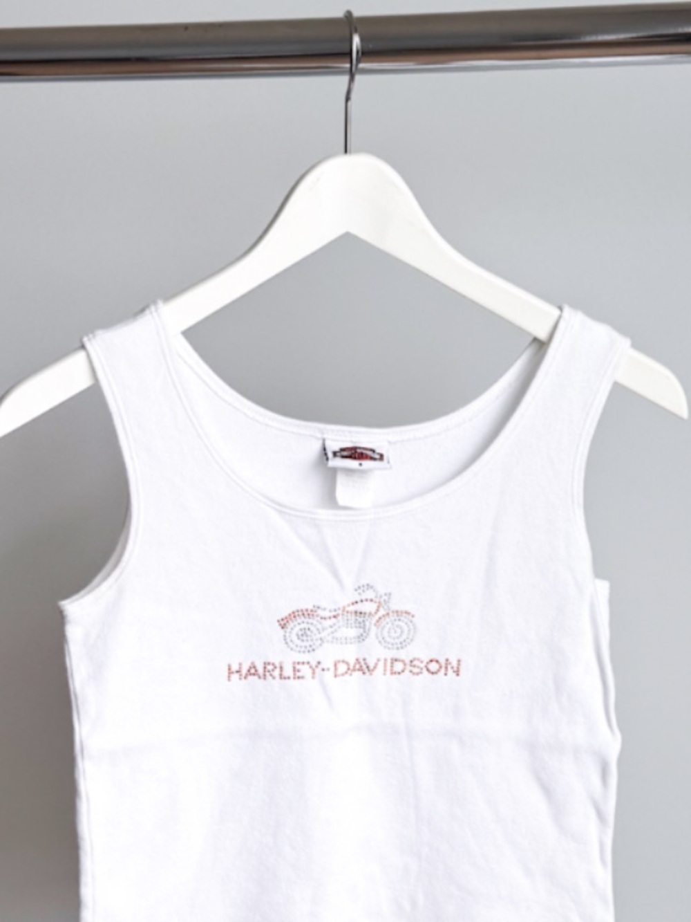 Vtg Harley-Davidson Rhinestone Motorcycle Tank Top S 14.5x18 Wht Holoubek Y2K